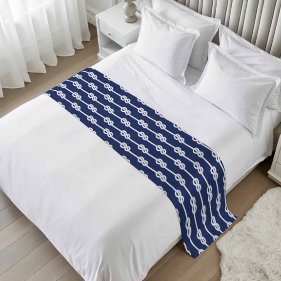 Navy Blue Knot Bed Runner, Satin Bed Throw Runner for Twin Size Beds, Nautical Striped Monochrome Ocean Decorative Bedding Dresser Scarf for Foot of Beds Sofa Cabinet End Table 71"x20"