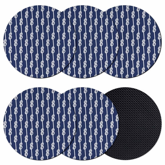 Navy Blue Knot Coasters Set of 6, Nautical Striped Monochrome Ocean Absorbent Coasters for Drinks, Coaster for Bar Office Dining Coffee Table Accessories Decor, Non Slip Round Desk Coaster