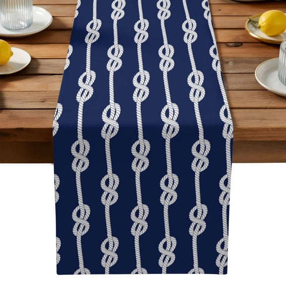Navy Blue Knot Cotton Linen Table Runner for Dining Kitchen, Nautical Striped Monochrome Ocean Wedding Outdoor Party Tablerunners Decoration, Dresser Scarf Coffee Tablecloth Runners 13x36 Inches
