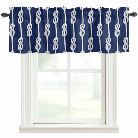 Navy Blue Knot Farmhouse Short Window Curtain Valances, Nautical Striped Monochrome Ocean Rod Pocket Kitchen Valances for Living Room Bedroom Bathroom Cafe 42" x 18"