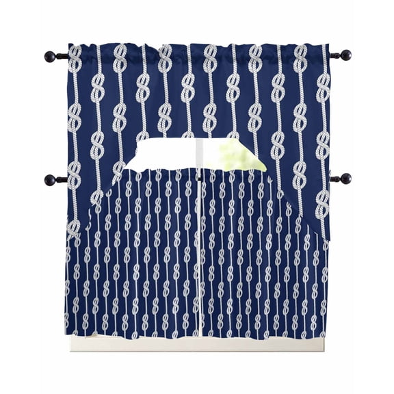 Navy Blue Knot Kitchen Curtain and Valance Set 3 Pieces, Rod Pocket Short Tier Curtains 24 Inch Length, Nautical Striped Monochrome Ocean Swag Topper Small Window Treatment for Cafe Bathroom Bedroom