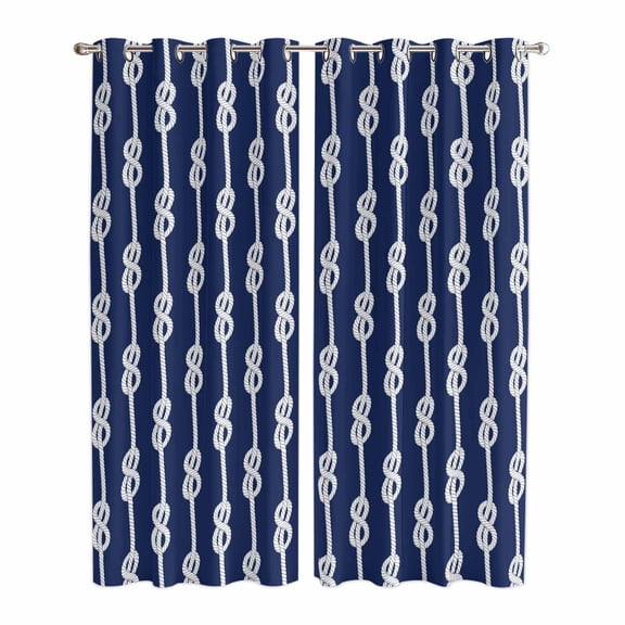 Navy Blue Knot Kitchen Curtains 84 Inch Length, Nautical Striped Monochrome Ocean Grommet Top Bedroom Living Room Curtains, Light Filtering Cafe Curtain Drapes 2 Panels Set 84''x84''