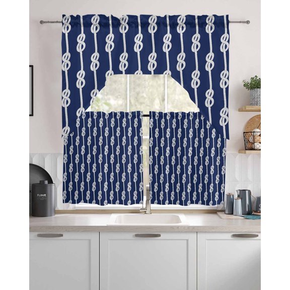 Navy Blue Knot Kitchen Curtains and Valance Set,Nautical Striped Monochrome Ocean Short Swag Tier Curtain 24 Inch Length for Cafe Living Room Bedroom Drapes 3 Piece Rod Pocket Window Treatment