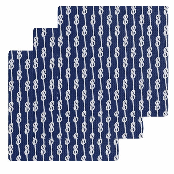 Navy Blue Knot Kitchen Dish Towels for Drying Dishes Set of 3, Nautical Striped Monochrome Ocean Waffle Weave Microfiber Hand Tea Bathroom Towels Quick Dry & Absorbent Towel 12x12
