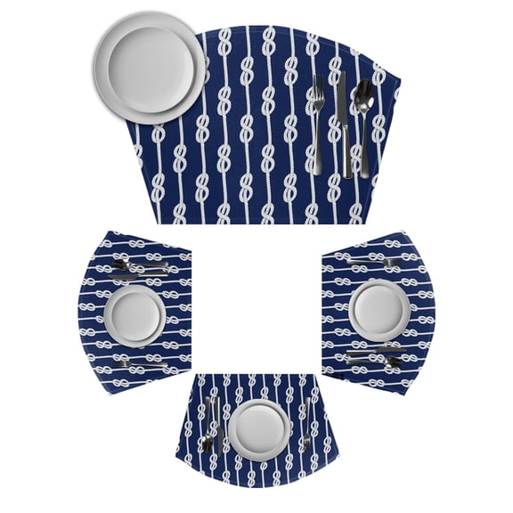 Navy Blue Knot Round Table Placemats Set of 2 Wedge Placemats, Nautical Striped Monochrome Ocean Place Mats for Dining Table Set Washable Mats Kitchen Decor for Indoor Outdoor Wipe Clean