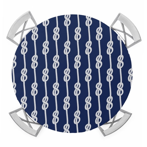 Navy Blue Knot Round Tablecloth for 55-60 Inch Tables, Fitted Table Cover with Elastic Edge, Nautical Striped Monochrome Ocean Waterproof Outdoor Table Cloth Protector for Patio Garden Dinner Picnic