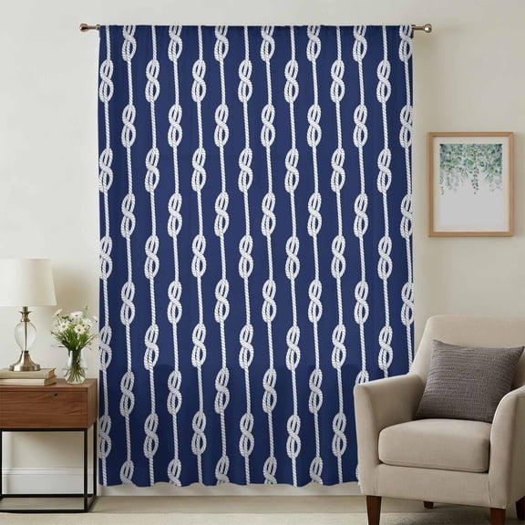 Navy Blue Knot Sheer Curtains 45 Inches Long, Nautical Striped Monochrome Ocean Light Filering Curtains, Breathable Simi Curtain Privacy Drapes for Kitchen Bathroom Lightweight Small Window Treatment