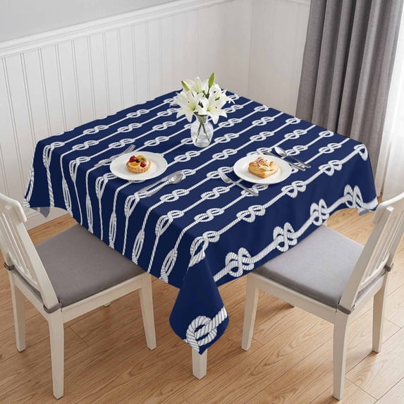 Navy Blue Knot Table Cloth Waterproof Tablecloths, Nautical Striped Monochrome Ocean Tablecloth Dining Table Cover for Kitchen Party Tabletop Outdoor, Square Tablecloth 60x60 Inch