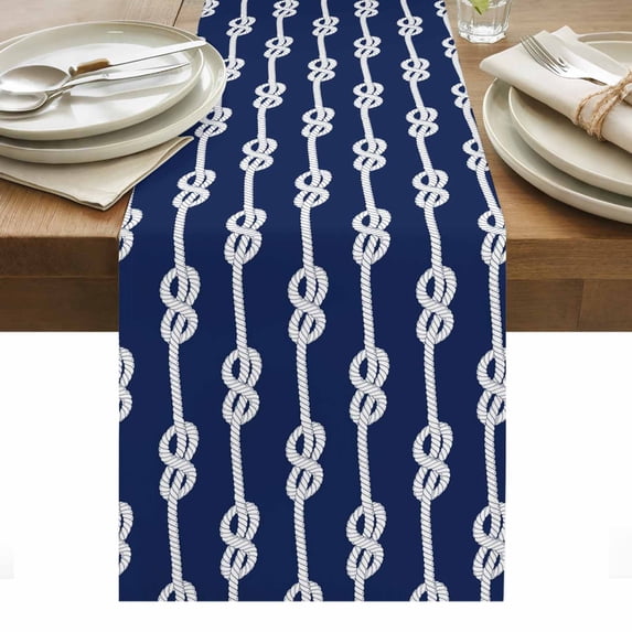 Navy Blue Knot Table Runner - 70 Inch Long, Kitchen Dining Table Runner Dresser Scarves, Nautical Striped Monochrome Ocean Farmhouse Decor for Coffee Tables Wedding Party Banquet
