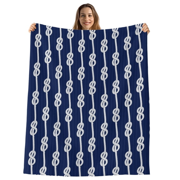 Navy Blue Knot Throw Blanket, Flannel Fleece Blanket with Striped Design for Couch, Nautical Striped Monochrome Ocean Soft Breathable All Season Plush Blankets for Sofa Office Chair 30"x40"