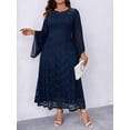 thumbnail image 1 of Navy Blue Lace Maxi Dress With Bell Sleeves And Round Neck For Women, 1 of 5