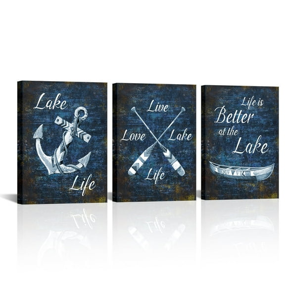 Navy Blue Lake Canvas Prints Farmhouse Lake Life Theme Wall Art Lakehouse Cabin Nautical Quote Picture Painting Home Bathroom Wall Decor12x16inchx3panels