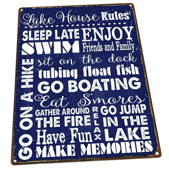 Navy Blue Lake House Rules 9"x12" Metal Sign, Wall Decor for Farm and Country