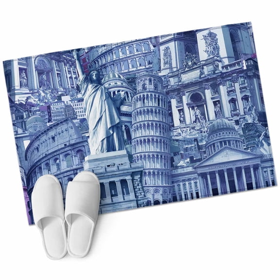 Navy Blue Landmarks Bathroom Rug Washable 2x3 Entryway Rug Non Slip Modern Abstract Global Artwork Front Door Mat Low Pile Indoor Doormat Throw Floor Carpet for Kitchen Bedroom Entrance