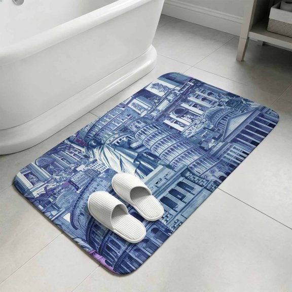 Navy Blue Landmarks Bathroom Rugs Non Slip Washable Bath Mat Absorbent Low Pile Front Door Mat Modern Abstract Global Artwork Indoor Doormat for Kitchen Entryway Shower Decor Accessories 15.7"x23.6"