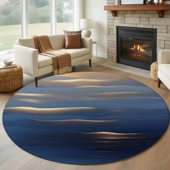 Navy Blue Large Round Rug 8 FT, Non Slip Living Room Area Carpet, Luxury Golden Modern Abstract Art Washable Soft Circle Rug Non-Shedding Floor Carpet for Bedroom Office Dining Room