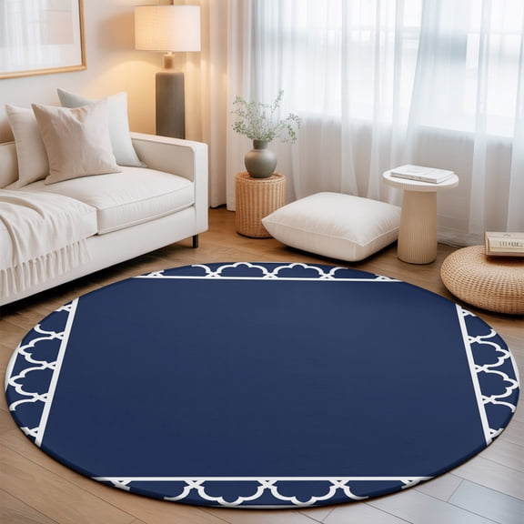 Navy Blue Large Round Rug 8Ft Geometric Blue Morocco Printed Border Modern Rustic Circle Area Rugs Washable Non Slip Indoor Floor Mats Carpet for Living Room Bedroom Dining Room Home Decor
