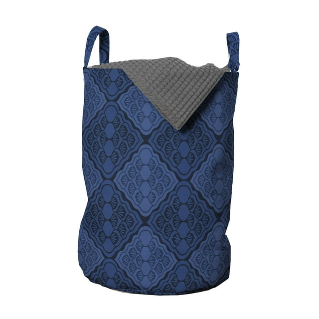 Navy Blue Laundry Bag, Nautical Colored Continuous Demonstration of Diamond Damask Weaving Patterns, Hamper Basket with Handles Drawstring Closure for Laundromats, 13" x 19", Indigo, by Ambesonne