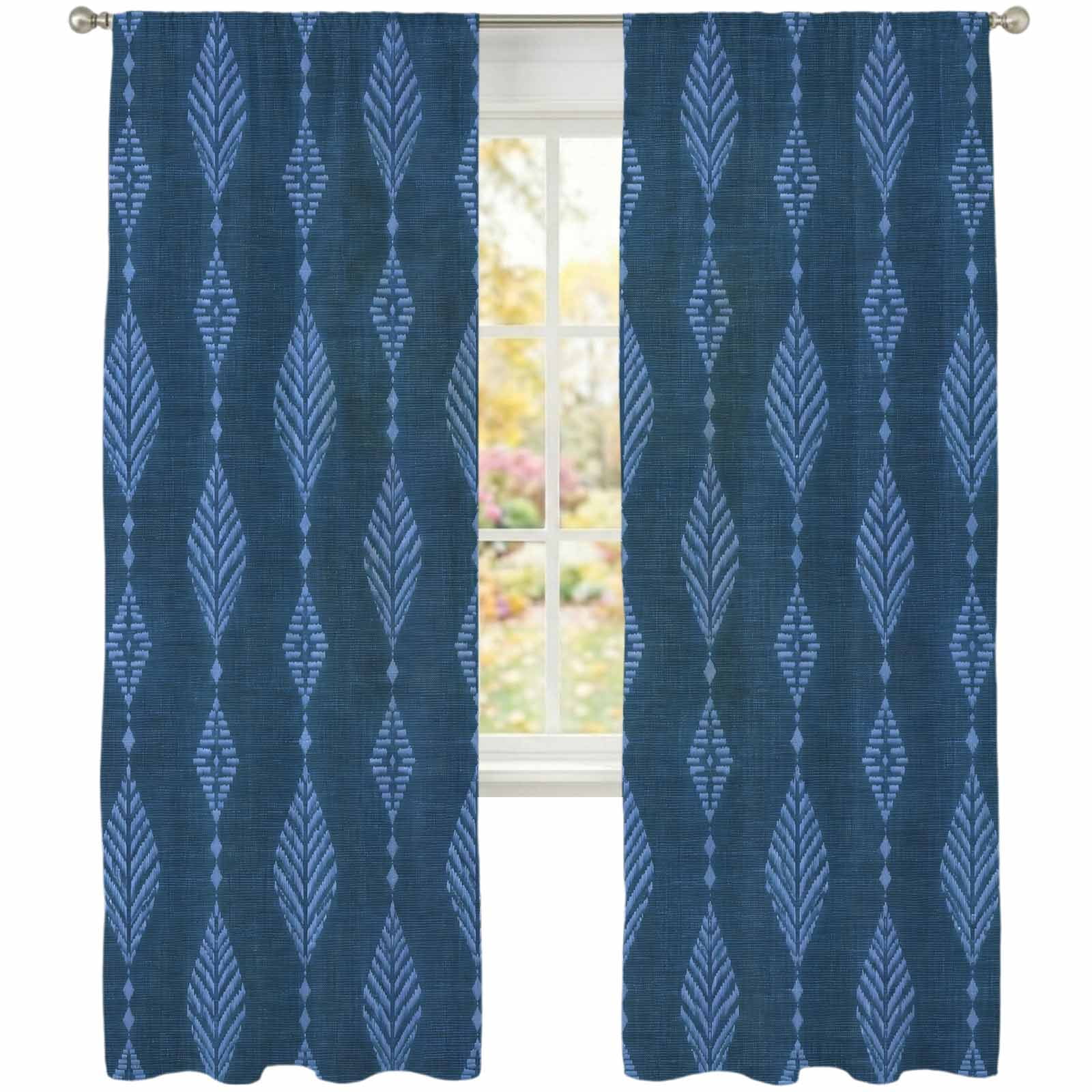 Navy Blue Leaf Lines Sheer Curtains 84 Inch Long 2 Panels Bohemian ...