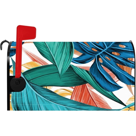 Navy Blue Leaf Magnetic Mailbox Cover Bohemian Style Colorful Tropical Leaves Magnetic Mailbox Covers for Outdoor Art Printing Mail Box Wrap Standard Size 21x18 Inch Waterproof Mailbox Decor