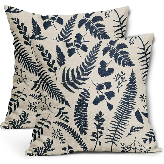 Navy Blue Leaf Plant Pillow Covers 18X18 Inch Set of 2 Tropical Fern Herbs Botanical Leaves Floral Decorative Pillow Cases Vintage Cushion Case Farmhouse Home Decor for Couch Sofa Porch Outdoor