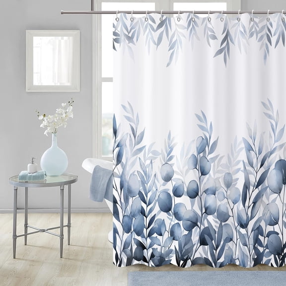Navy Blue Leaf Shower Curtain, Navy Blue Watercolor Eucalyptus Leaves Botanical Plants Bathroom Curtain Waterproof Fabric Machine Washable with Hooks, 36" Wx72 L