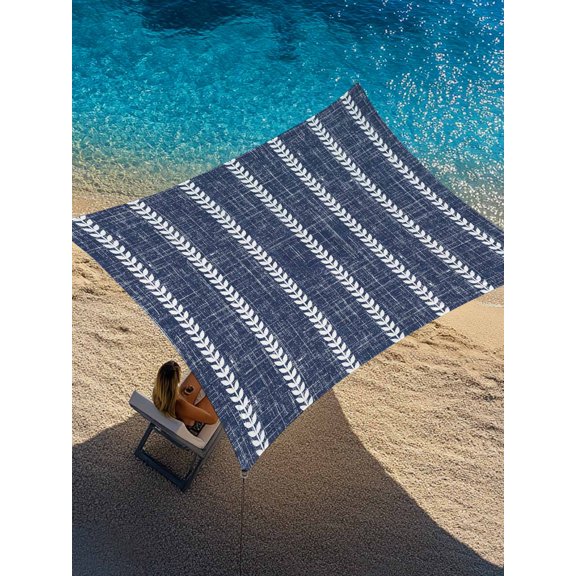 Navy Blue Leaf Stripe Sun Shade Sail 8' x 10', Country Vintage Minimalist Vertical Leaves Rectangle Outdoor Sunshade Canopy, Waterproof UV Block Patio Covers for Garden Yard Beach