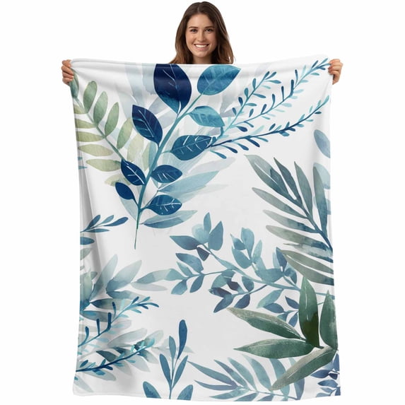Navy Blue Leaves Blanket Soft Cozy Warm Throw Blanket for Couch, Plush Fuzzy Flannel Fleece Blankets for Sofa, Summer Botanical Farmhouse Watercolor Leaf Bed Blankets Gifts for Men, 30"x40"