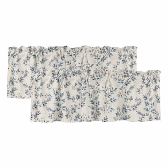 Navy Blue Leaves Curtain Valances for Windows, Kitchen Valance Window Treatments Panel 2 Pack, Vintage Summer Botanical Farmhouse Rustic Rod Pocket Short Curtains for Bathroom Bedroom 42 x 18 Inch