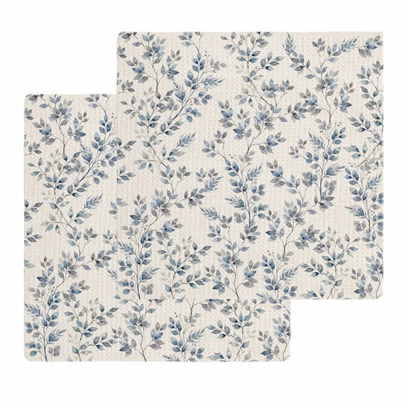 Navy Blue Leaves Kitchen Dish Towels for Drying Dishes Set of 2, Vintage Summer Botanical Farmhouse Rustic Waffle Weave Microfiber Hand Tea Bathroom Towels Quick Dry & Absorbent Towel 12x12