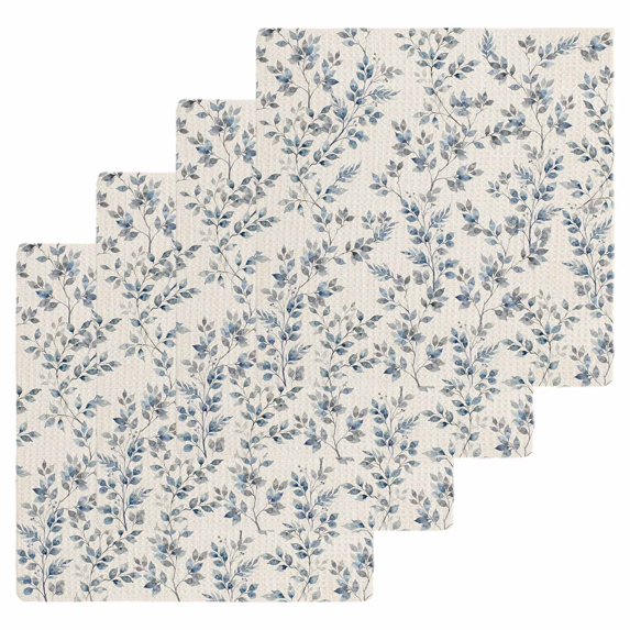 Navy Blue Leaves Kitchen Dish Towels for Drying Dishes Set of 4, Vintage Summer Botanical Farmhouse Rustic Waffle Weave Microfiber Hand Tea Bathroom Towels Quick Dry & Absorbent Towel 12x12