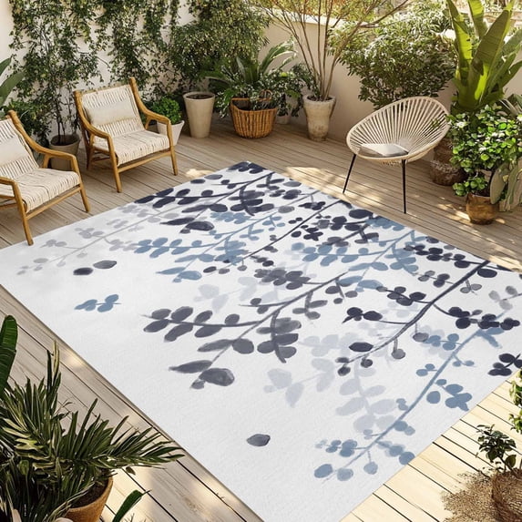 Navy Blue Leaves Outdoor Rug for Patio/Deck/Porch, Non-Slip Large Area Rug 5 x 8 Ft, Summer Botanical Indoor Outdoor Rugs Washable Area Rugs, Reversible Camping Rug Carpet Runner