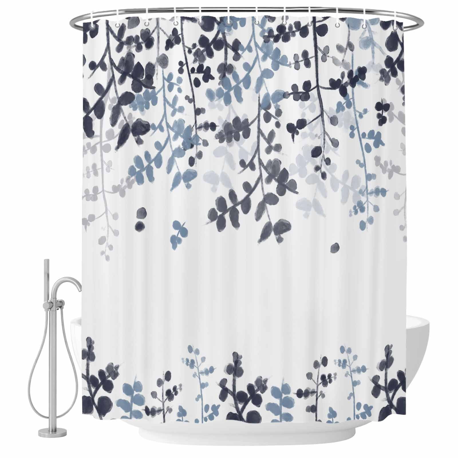 Navy Blue Leaves Shower Curtain, Waterproof Shower Curtains for Bathroom, Summer Botanical Washable Fabric Bathtub Curtain Set Bath Decor with 12 Hooks 48"x72"