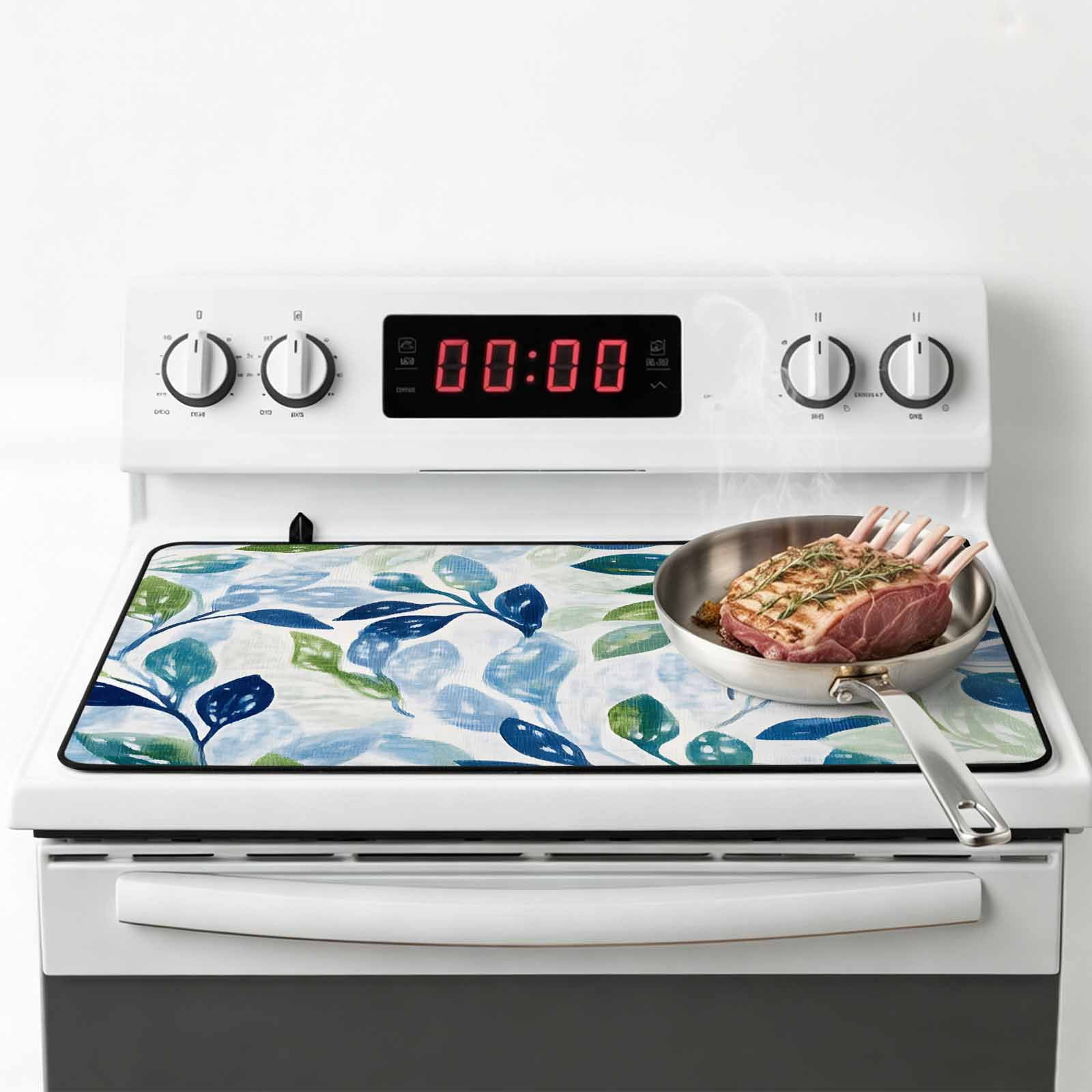 Navy Blue Leaves Stove Top Cover for Electric Stove, Heat-proof & Non Slip Glass Top Stove Cover Protector, Green Summer Botanical Kitchen Flat Cooktop Rubber Mat 24x21 Inches