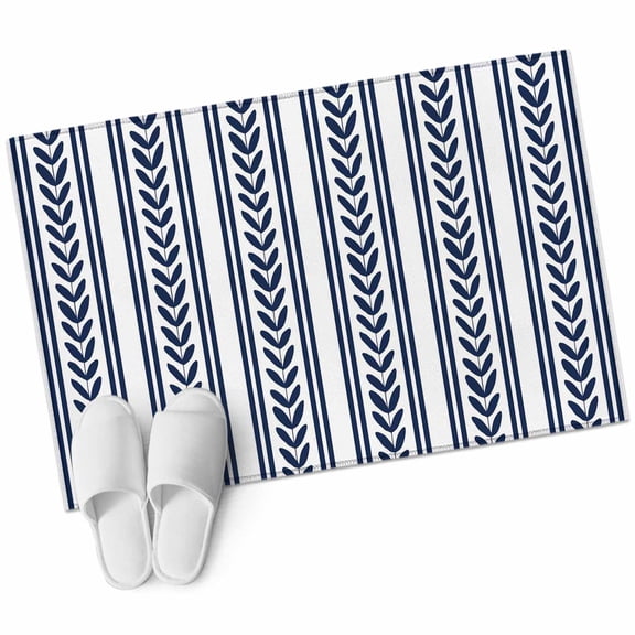 Navy Blue Leaves Striped Washable Small Entryway Area Rugs 2'x3', Rustic Farmhouse Country Stripe Modern Classic Low Pile Throw Rug Non-Slip Sturdy Edge Binding Carpet for Front Door Floor Room Entry