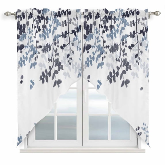 Navy Blue Leaves Swag Valances for Windows 2 Pack, Kitchen Window Curtains 36 Inch Length, Summer Botanical Privacy Swag Curtains for Living Room/Bathroom with Rod Pocket 36"x36"