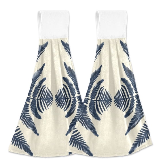 Navy Blue Leaves Symmetrical Pattern Hanging Towels with Loop Hand Towels Nylon Fastener Tape Design Dish Cloths 2 Pieces