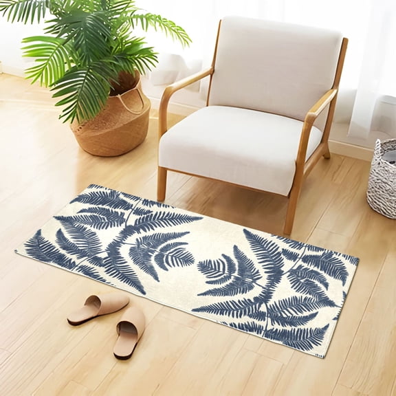 Navy Blue Leaves Symmetrical Pattern Plush Carpet Non Slip Runner Rug Absorbent Bath Mat 39" x 20"