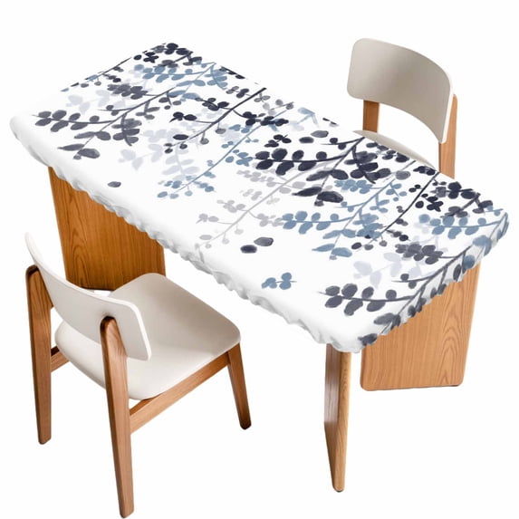 Navy Blue Leaves Table Cloths for 3 Foot Rectangle Tables, Summer Botanical Patio Waterproof Elastic Fitted Tablecloths, Washable Rectangular Table Cover for Camping
