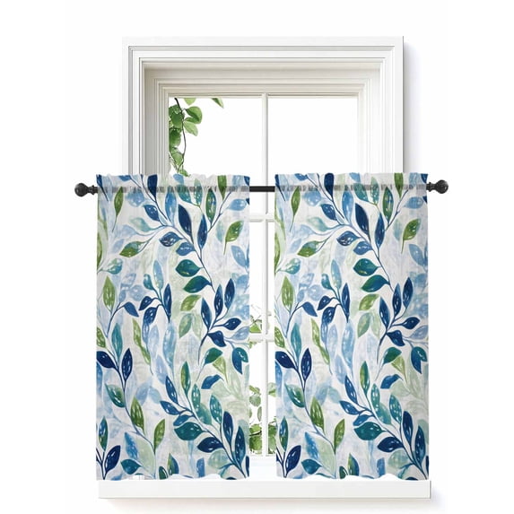 Navy Blue Leaves Tier Curtains 45 Inch Length, Sheer Curtains for Bedroom Living Room Window Green Summer Botanical Rod Pocket Voile Drapes Kitchen Curtains Small Half Window 27.5"x45" 2 Panels