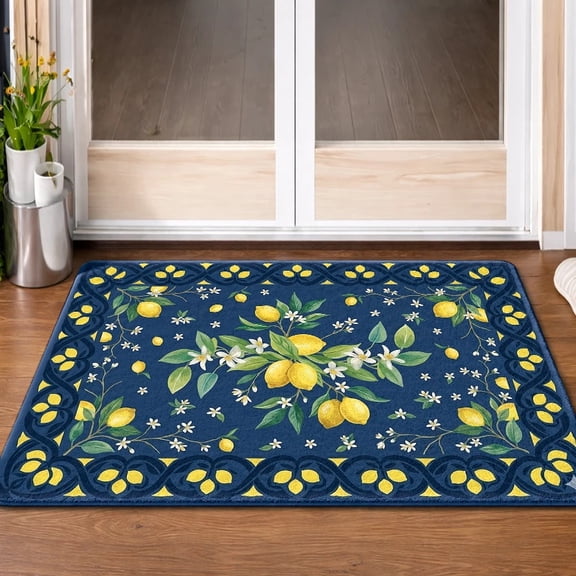Navy Blue Lemon Print Flannel Area Rug, Non-Slip Mediterranean Style Floor Mat, Yellow Lemon And Flower Rug For Kitchen Entryway Home Decor
