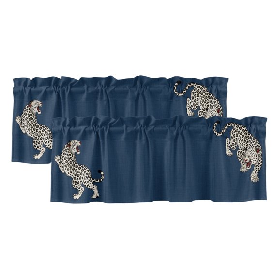 Navy Blue Leopard 2 Panels Kitchen Valance, Modern Style Wild Animal Rustic Linen Texture Curtains Valances for Small Windows Rod Pocket Window Treatments for Living Room Bedroom 42"W x 12"L