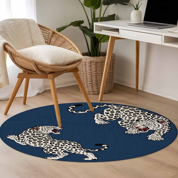 Navy Blue Leopard 3.3ft Round Rug for Bedroom Reading Corner, Modern Style Wild Animal Rustic Linen Texture Washable Non Slip Circle Area Rug