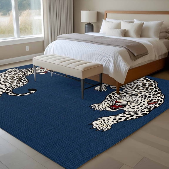 Navy Blue Leopard 6x9 Rug for Dining Room Table and Chair Setup, Modern Style Wild Animal Rustic Linen Texture Low Pile Washable Non Slip Rectangle Area Rug
