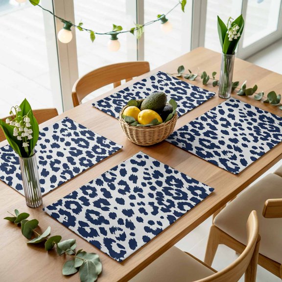 Navy Blue Leopard Abstract Placemats Set of 4,Wipeable Washable Table Mats for Dining Tables, Modern Minimalist Art Place Mats for Kitchen Event Party Tabletop Decor