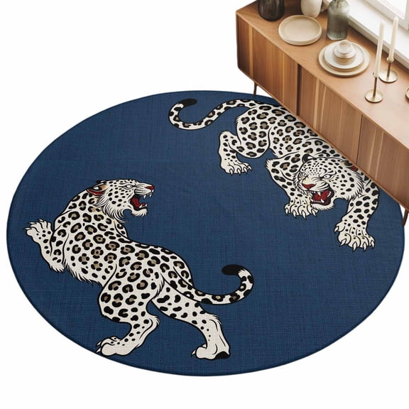 Navy Blue Leopard Area Rug, Modern Style Wild Animal Rustic Linen Texture Non-Slip Felt Rubber Backing Round Indoor Carpet Washable Rugs for Living Room Bedroom 3ft