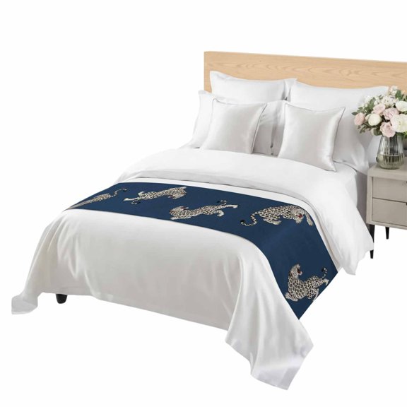 Navy Blue Leopard Bed Runner Twin Size Modern Style Wild Animal Rustic Linen Texture Soft Bed Scarf for Foot of Bed, Decorative Bedding Scarf Protection for Hotel Home Bedroom 71 x 20 Inch