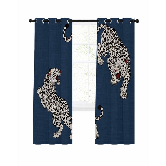 Navy Blue Leopard Blackout Curtains 2 Panels, Modern Style Wild Animal Rustic Linen Texture Thermal Insulated Grommet Window Curtains for Bedroom Living Room 42"x45"