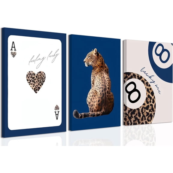 Navy Blue Leopard Canvas Wall Art Set of 3 Cheetah Animal Prints Posters Wall decor Trendy 8 Ball Lucky Me Pictures Aesthetics Artwork for Dormitory Apartment Bedroom Decoration 12x16 Inch Framed