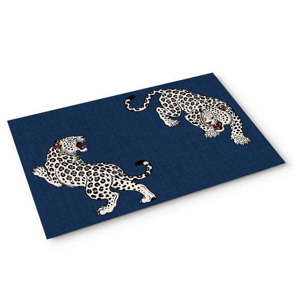 Navy Blue Leopard Door Mat Modern Style Wild Animal Rustic Linen Texture Non Slip Absorbent Entrance Mat Washable Low Profile Indoor Doormat for Front Door Entryway Entry 16"x24"